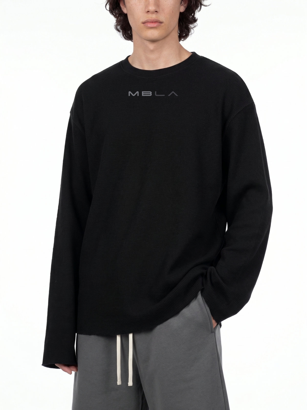 Raw Edge Waffle Knit Long Sleeve Shirt