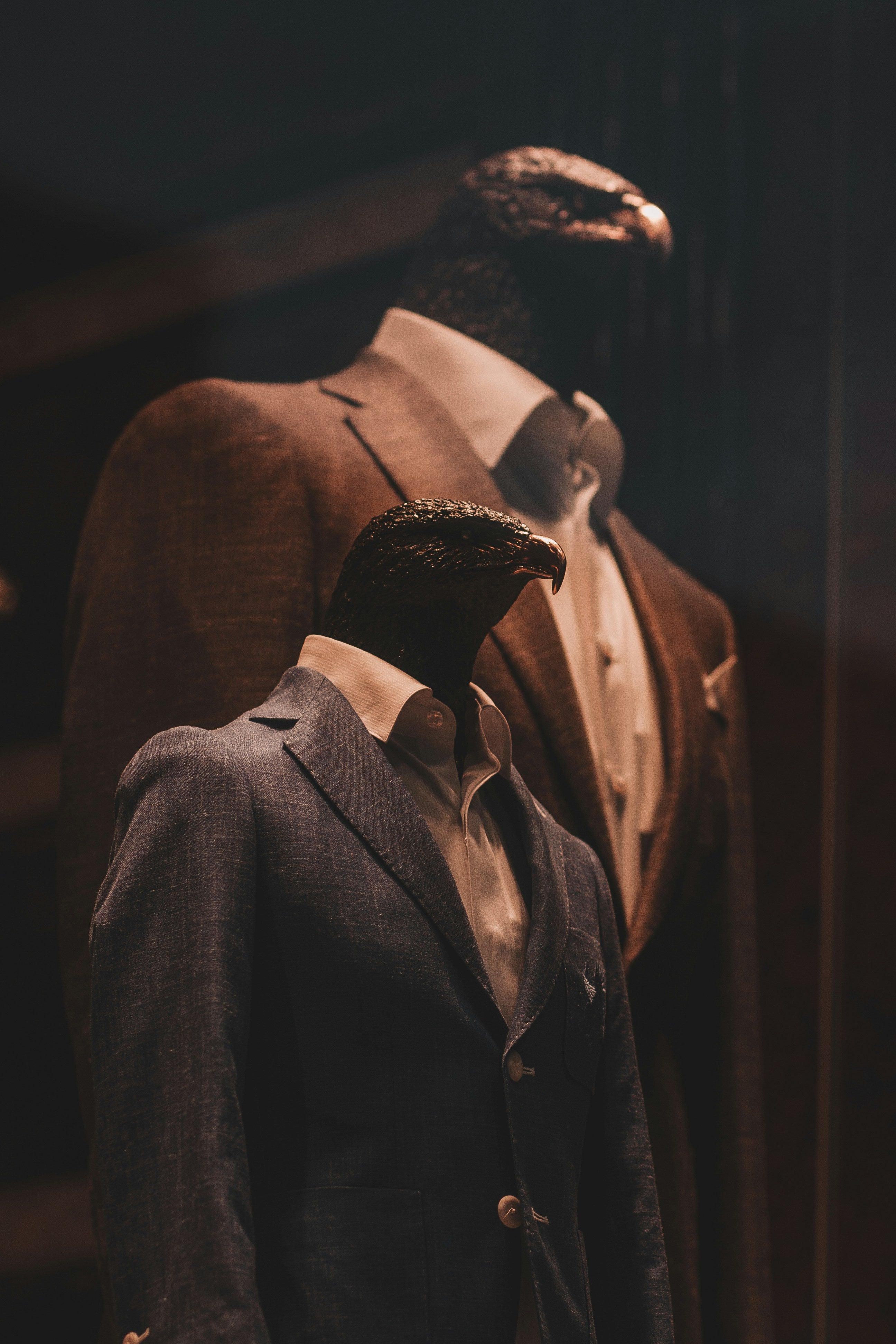 Two men's suit jackets displayed on bird head mannequins in a dimly lit boutique setting. The foreground jacket is a dark charcoal gray textured suit, while the background jacket is a warm brown suit.